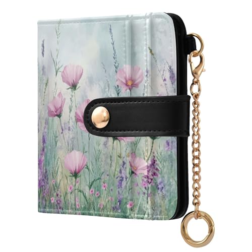 Burbuja Aquarela Flores silvestres no prado (3) carteira feminina fina de couro PU com bloqueio RFID, zíper duplo para identidade, porta-janela para identidade para mulheres