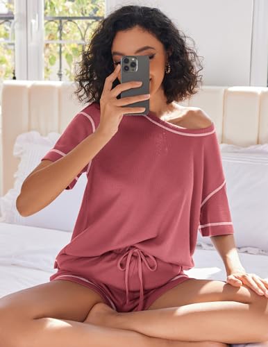 Image of Ekouaer Women's Waffle Knit Two Piece Lounge Set, Soft Matching Outfits for Daily Wear, Casual Shorts Set with Pocket