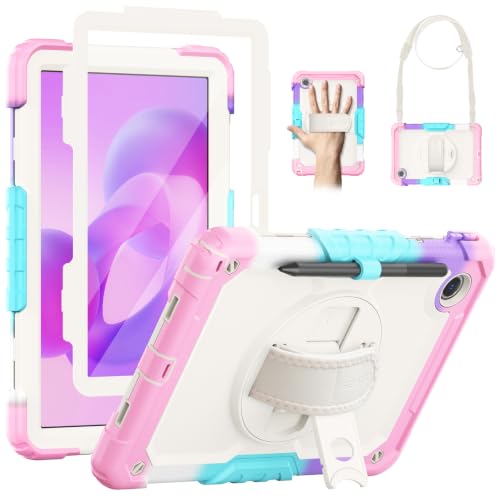 SEYMAC Funda para Lenovo Idea Tab 11 Pulgadas 2025/Tab M11/Tab K11 Gen 2, Funda para Tablet M11 a Prueba de Golpes con Protector de Pantalla, Soporte Giratorio de 360°, Correa para el Hombro, Rosa