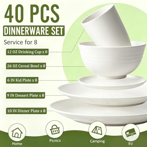 Image of 40 PCS Wheat Straw Dinnerware Sets, Service for 8 - Dinner Plates, Cereal Bowls, Drinking Glasses, Unbreakable Plastic Plates and Bowls Sets, Dishwasher and Microwave Safe for Kitchen - White