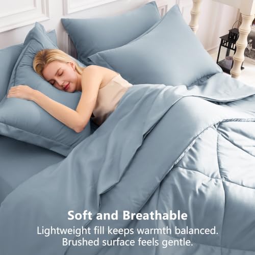 Image of CozyLux King Size Comforter Set Dusty Blue - 7 Pieces Bed in a Bag King, Luxury Soft Bed Set for All Seasons, Bedding Set with Down Alternative Comforter, Sheets, Pillowcases & Shams, Grayish Blue