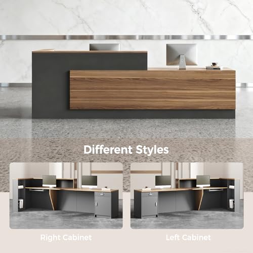 Huariifowm Modern L-Shaped Reception Desk with Hutch, Reception Counter Table, Lockable Drawer Door Cabinet, Office Wooden Computer Front Desk (European Oak+lron Gray-Left Cabinet, 94L*24" W*41" H)