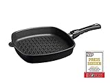 AMT Gastroguss Eckpfanne mit BBQ-Boden, 28 cm x 28 cm, 5 cm hoch, Aluguss (Aluminium), Lotan® Antihaft-Beschichtung für fettfreies Braten, mit abnehmbarem Stiel, AMZN-E285BBQ-Z20B.