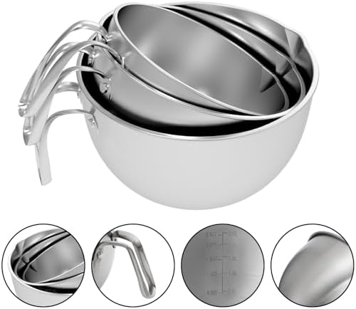 Suwimut 3 Pieces 304 Stainless Steel Mixing Bowls, 1.3/2.1/2.6 Quart Mixing Bowl Set with Handle, Pour Spouts & Measurement Marks, Metal Nesting Bowls with Silicone Spatula for Baking Cooking - Thumbnail 3