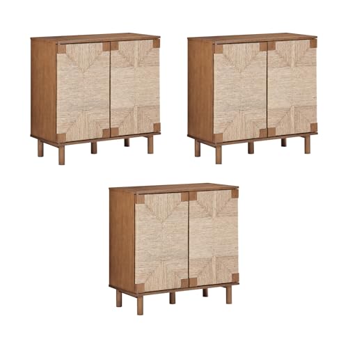 Image of Nathan James Beacon Boho Accent Cabinet with Doors, TV Stand with Adjustable Interior Shelf and Seagrass Accent, Dark Brown, Set of 3
