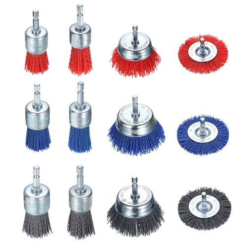 Image of HARFINGTON 12pcs Nylon Filament Wire Wheel Cup Brush for Drill, Abrasive Brushes Set with 1 /4 inch Hex Shank, 1 inch,1 1 /6 inch,3 inch, Used for Rust /Corrosion /Paint Removal and Scrub Surface