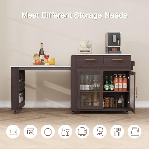 Image of HLR 72 inch Extendable Rolling Kitchen Island with Storage, Island Table on Wheels with Marble Grain Countertop & Power Outlet, Portable Island Cart with Cabinets, Drawers and Shelves, Brown