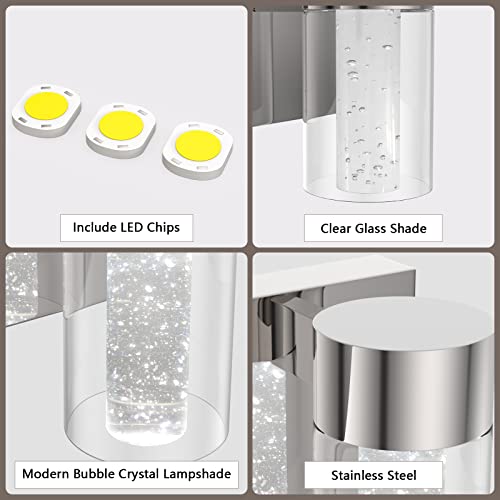 Syouoz Bathroom Lights Over Mirror,Led Bathroom Light Fixtures With 3 Light, Bathroom Vanity Lights With Crystal Bubble Glass Cylinder, Modern Crystal Wall Light Fixture 6000K Stainless Steel Plate #TOP3