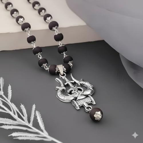 Image of OM Shiva Trishool Karungali Mala Original| Black Ebony Wood Original Karungali Malai| Protection, Meditation, Healing, Energy Balance, Shiva Bhakti Mala | for Men & Women
