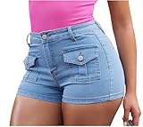 GOBLES Women's Sexy High Stretch Slim Fit Cargo Denim Shorts with Front Pockets Blue