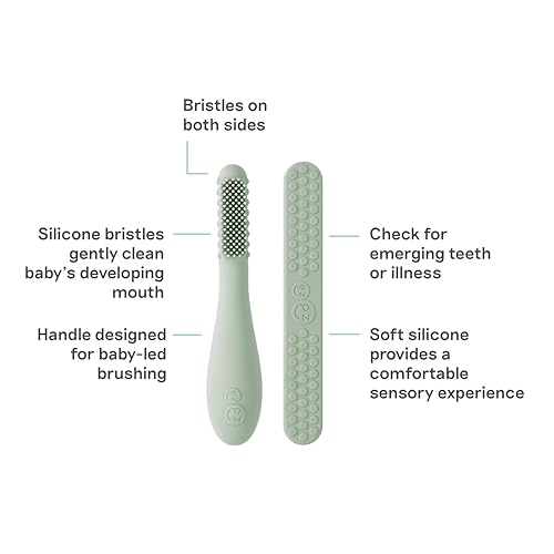 Image of ezpz Baby-Led Toothbrush + Tongue Depressor Dual Pack (Sage) - 100% Silicone Toothbrush + Silicone /Stainless Steel Tongue Depressor - Helps Set-up Infants for a Healthy Oral Care Routine