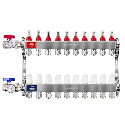 AB 10 Loops PEX Radiant Manifold, 1/2 Inch Compatible Outlets, Up to 1.3 GPM Flow Valve for Hydronic Radiant Floor Heating(1/2" Connectors Included)