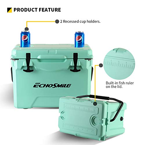 Echosmile Green 25 Quart Rotomolded Cooler, Keep Ice Up To 5 Days, Fit 30 Cans, Heavy Duty Ice Chest(Built-In Bottle Openers, Fishing Rule, Cup Holders And Lockable Corners) For Camping, Fishing #TOP5