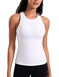 CRZ YOGA Women's Butterluxe Racerback Padded Tank Tops - Longline High Neck Tank Top with Built in Bra Gym Workout Camisole White 10