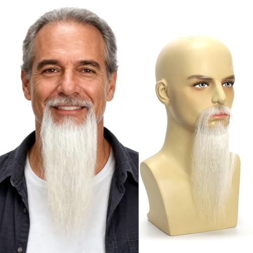 White Real Human Hair Long Beard and Mustache Hand-Crocheted Fake Beard for Men 11 Inch Costume Facial Hair Wizard Santa Old Man Beard for Halloween Cosplay Theater Christmas Party
