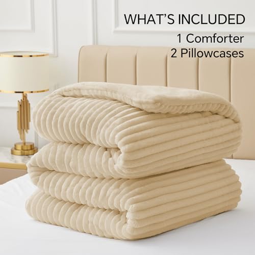 BEDELITE Fleece Queen Comforter Set -Super Soft & Warm Fluffy Beige Bedding, Luxury Fuzzy Heavy Bed Set for Winter with 2 Pillow Cases