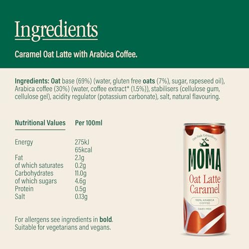 MOMA Ice Coffee - CARAMEL OAT LATTE - 12 x 250ml Cans Multipack - Made with Oat Milk & Arabica Coffee Beans - Preservative Free, Vegan, Dairy Free - Ready To Drink Ice Coffee