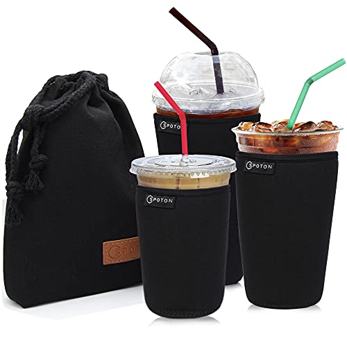 Spoton Iced Coffee Sleeve – 3 Pack with Pouch – Reusable Ice Java Sock for Cold Drink Cups – Neoprene Insulated Cup Sleeves Compatible with Starbucks, McDonalds and Dunkin Donuts (Black)