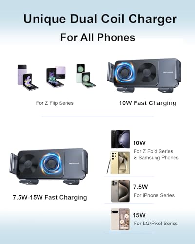 xuenair Wireless Car Charger Samsung Z Fold 5 4 3 2 Z Flip 5 4 iPhone Google Pixel 8 Pro [Auto Clamping & Auto Rotating Sensors] 7.5W-15W Fast Charging Z Fold 5 Car Mount Wireless Charger