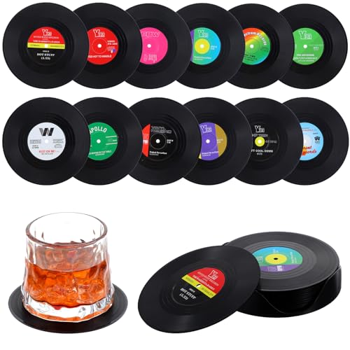 36 Pcs Retro Vinyl Record Coasters for Drinks Record Player Coaster Set with 3 Holders 12 Unique Designs Vinyl Coaster for Music Lovers Music Coasters Home Bar Decor Gift(4 Inches)