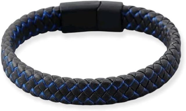 Textiles 4 Home Mens Braided Leather Bracelet Fashion Wristband Magnetic Clasp Gift Boxed (Black & Blue)