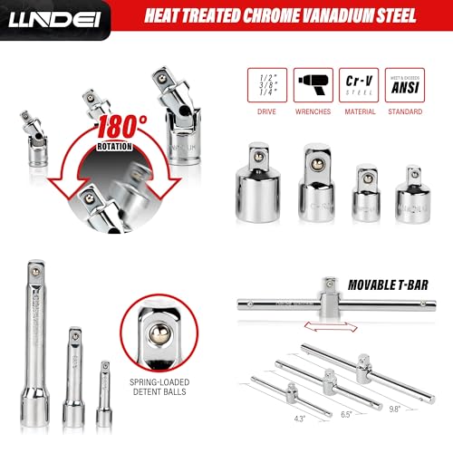 LLNDEI 19PCS Drive Tool Accessory Set Includes Socket Adapters, Socket Extension Bar, Swivel Universal Joints, Impact Coupler, Sliding Bar T-handle Wrench, Socket Accessories(1/4\", 3/8\" & 1/2\" Drive)