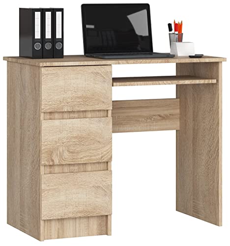 AKORD Scrivania A-6 Con Ripiano per Tastiera e 3 Cassetti a Sinistra o a Destra | Scrittoio per Ufficio | Scrivania per Computer PC Laptop| Salvaspazio | L90xH77xP50 cm 30 kg | Rovere Sonoma