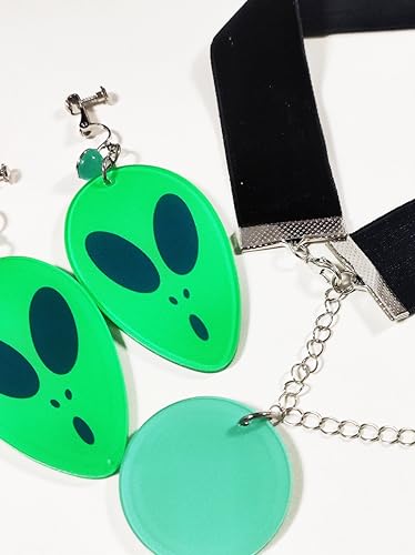 Momo Cosplay Ear Clip Green Alien Pattern Circular Earrings and Black Choker Costume Accessory Adult Unisex for Party Halloween Christmas4