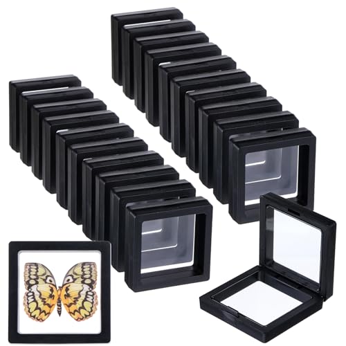Prasacco 60 Pcs Floating Display Case,Coin Frame Displays Holder Stands Black 3D Floating Display Case for Challenge Coin Rock Pin Shells Specimen Jewelry(2.75×2.75×0.8 Inches)