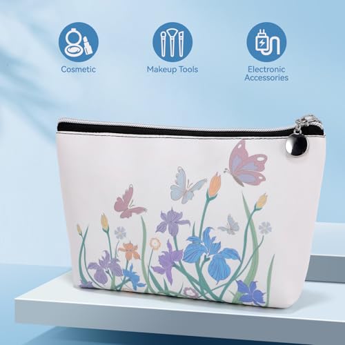Makeup Bag Leather Small Makeup Bag, Floral Pink Cute Waterproof Portable Washable Cosmetic Bag with Zipper for Women, Girl, 7 X 5 X 2.4 In3