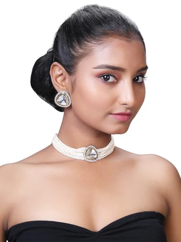 Image of ASMITTA Jewellery White Kundan Pearl Choker Necklace Set for Women with Earrings Bridal Jewellery Set for Wedding & Traditional