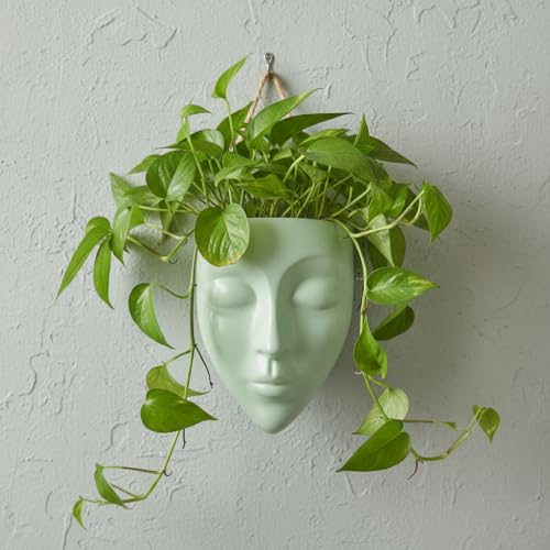 Image of Ceramic Lady Face Wall Hanging Planter (7 Inches, Green) | Abstract Face Vase for Indoor Plants | Succulent Planter for Living Room, Balcony & Office Decor | Aesthetic Home Decor Gift
