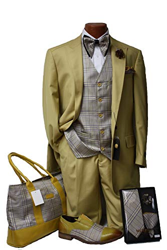 Men 3 pc Suit with Plaid Vest and Free Matching Tie or Bow Tie with Lapel Pin