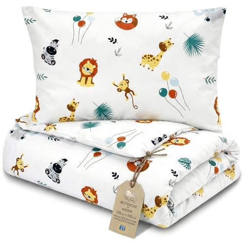 Totsy Baby Couette Enfant en Coton 100x135 Couverture pour Bebe Parure Duvet pour lit bébé 100 x 135 cm et Oreiller 60 x 40 cm Oeko-Tex Safari