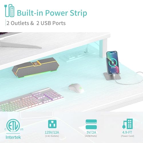 Image of Lufeiya Small White Desk with LED Lights and Power Outlets, 32 Inch Home Office Computer Desks with Monitor Stand, Teen Writing Study Table Gaming Desk with Charging Station, White