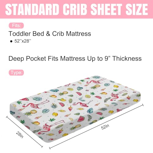 Image of Watercolor Summer Flamingo Baby Crib Sheets 52''x28'' Lemon Pineapple Watermelon Tropical Leaves Snug Fitted Crib Mattress Sheet for Boy Girl Soft Nursery Bed Sheets for Standard Crib Toddler Mattress