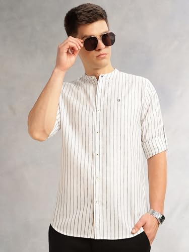 Image of Thomas Scott Men's Slim Fit Cotton Linen Casual Shirt with Mandarin Collar | Vertical Stripes | Three-Quarter Roll-Up Sleeves