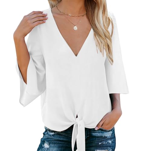 Bluetime White Blouse for Women Double Layered V Neck Tie Front Ladies Summer Tops and Blouses S