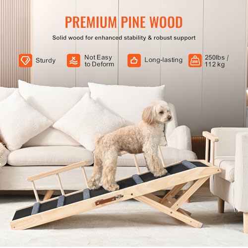 VEVOR Dog Ramp, Folding Pet Ramp for Bed, Adjustable Dog Ramp for Small, Large, Old Dogs & Cats, Wooden Pet Ramp with 47.2" Long Ramp, Adjustable from 13.8" to 27.6", Suitable for Couch, Sofa, Car - Image 5