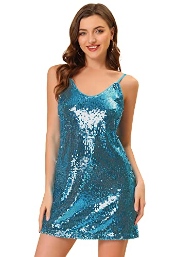 Allegra K Vestido Corto de Lentejuelas Brillantes con Correa Ajustable y Purpurina para Mujer, Azul, XL