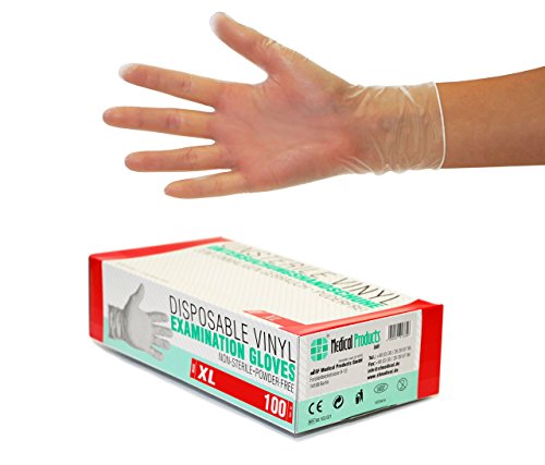 Guantes de vinilo 100 pcs caja (XL, Transparente), guantes de examen desechables, libres de látex y polvo, sanitarios para la limpieza de la cocina, no estéril