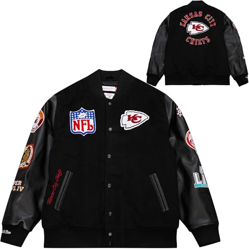 Mitchell & Ness NFL Blackout Retro College Jacke | Kansas City Chiefs | Größe 2XL Schwarz Woll-Polyester-Mix PU-Ärmel hochwertige Patches und Stickereien auf Brust und Ärmeln Rippbündchen