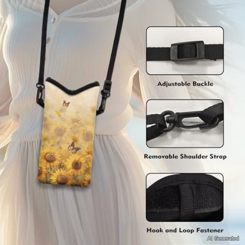 Image of Small Cross Body Bag for Woman Man Cell Phone Crossbody Purse Neoprene Travel Shoulder Handbags for Cellphone, Passport, Keys, Lipstick, Power Bank 8 x 4 inch, Sunflower Butterfly Yellow