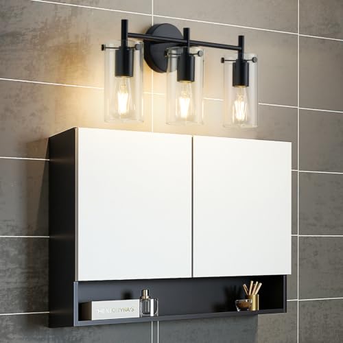 Image of Indoi Bathroom Light Fixtures, 3-Light Matte Black Vanity Light, Black Bathroom Lights Over Mirror with Clear Glass Shade, Wall Sconces for Mirror Bedroom Living Room Hallway (Pack of 2)