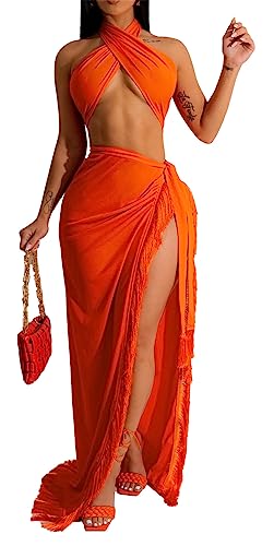 Image of Womens Sexy 2 Pieces Tassel Crisscross Bandage Crop Tops Bodycon Split Skirts Party Clubwear Dress Outfits Set Orange