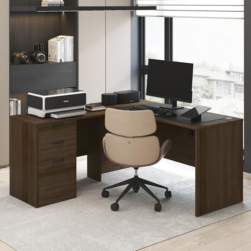 Image of Furinno Roger 60 Inch L-Shaped Executive Desk with File Cabinet, L-Shaped Office Desk with 3-Drawer Fixed Pedestal Filing Cabinet, Desk Cord Grommet, for Home Office, Modern Walnut
