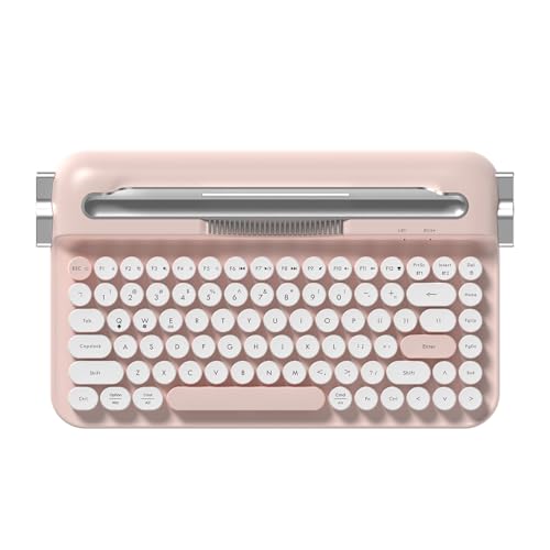 Ajazz AF84 Wireless Membrane Silent Typewriter Keyboard Bluetooth/2.4G Dual-Mode Connection Cute Retro Aesthetic Design with Integrated Stand for Tablet Phone PC and Win/Mac/Android Pink