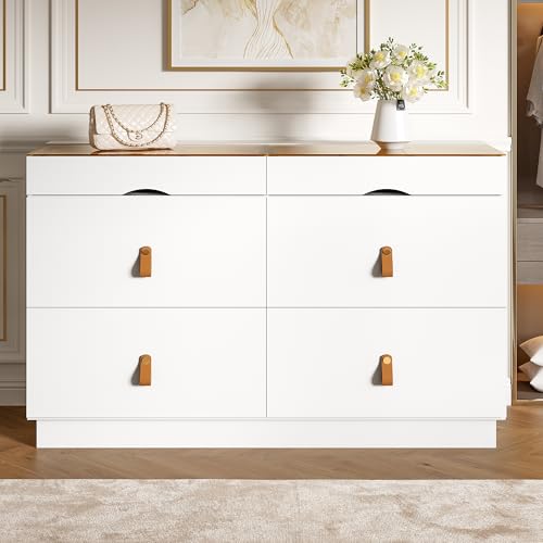 SACOOL Aparador de cristal de seguridad con 6 cajones, antiinclinación, armario alto para dormitorio y todos los espacios de estar, 120 x 40 x 78 cm, color blanco