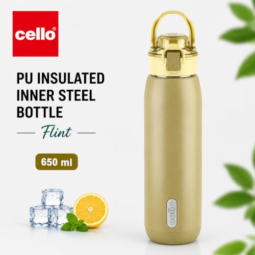 Image of CELLO Puro Steel-X Flint 900 Insulated Water Bottle 650 ml, Light Green | Easy Press Open Flip Top, Easy to Carry with Handle Leak Proof Inner Steel Water Bottle for School Kids, Office Gym Travel