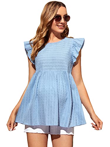 Floerns Women's Striped Print Boat Neck Tie Back Sleeveless Maternity Peplum Blouse Tops Blue L